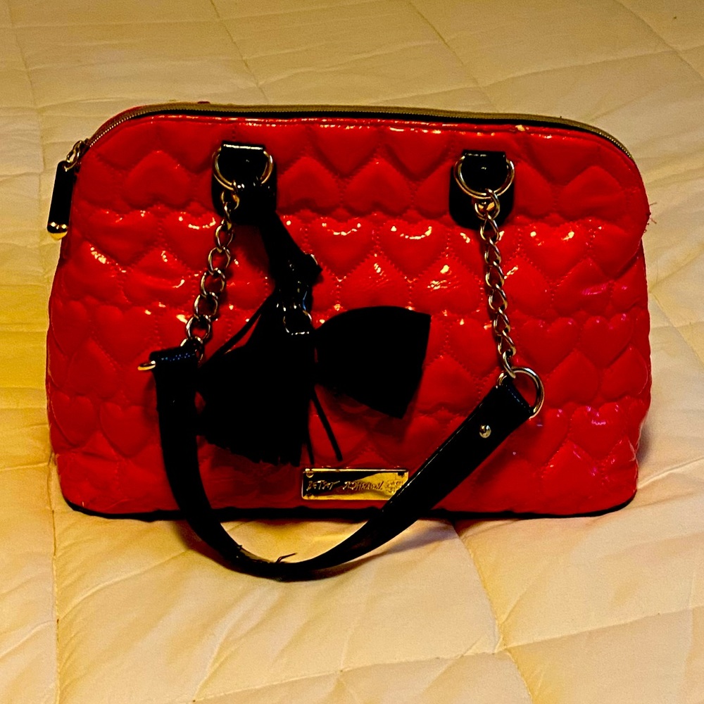 Betsey Johnson Barbie pink quilted hearts bag with gold chain straps.